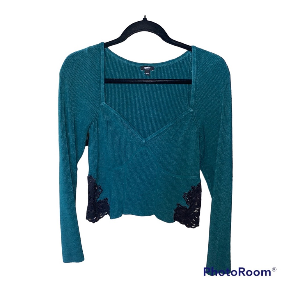 Teal express crop top with black lace